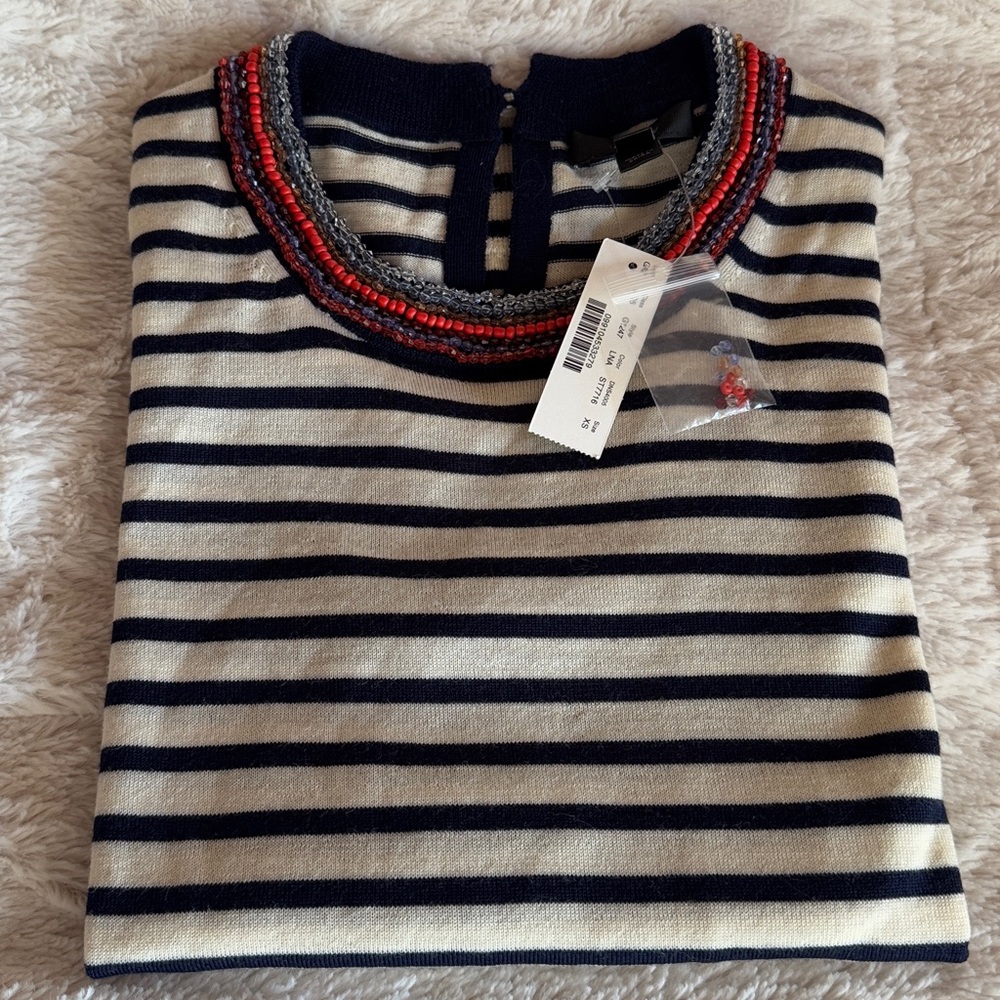 J. Crew Navy and Cream Striped Sweater with Multi-Colors Beaded Neckline
